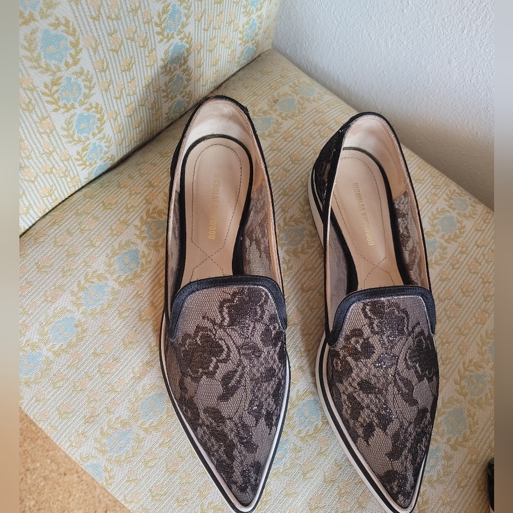 Nicholas Kirkwood Pointed Toe Black Lace Flats Size 6.5US/37EU